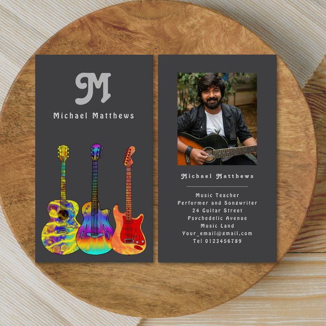 Guitar Music Teacher Professional Musician Photo Business Card (Retro guitar music tutor custom photo business card)