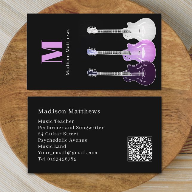 Guitar Music Teacher Professional Musician QR Code Business Card (Modern guitar music teacher professional musician qr code black pink Business card Female guitarist)