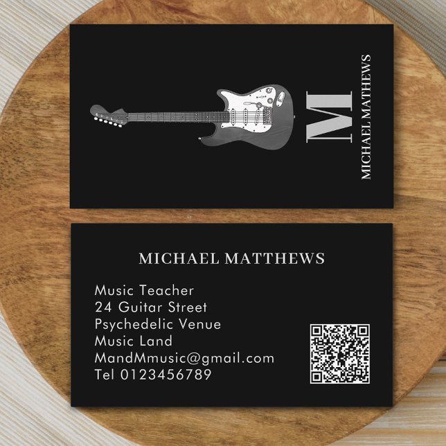 Guitar Music Teacher Professional Musician QR Code Business Card (Modern Guitar music teacher professional musician qr code Business card Minimalist stylish black )