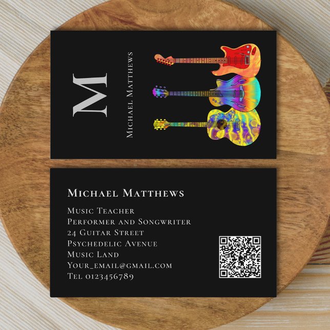 Guitar Music Teacher Professional Musician QR Code Business Card (Elegant Guitar music teacher qr code custom business card)