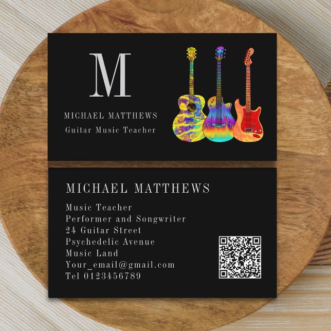 Guitar Music Teacher Professional Musician QR Code Business Card (Stylish guitar teacher custom qr code business card)