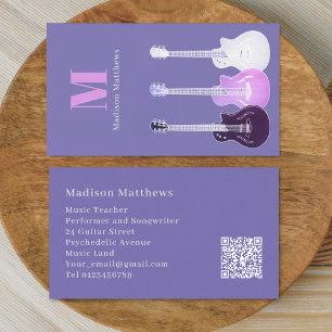 Guitar Music Teacher QR Code Purple Pink Business Card