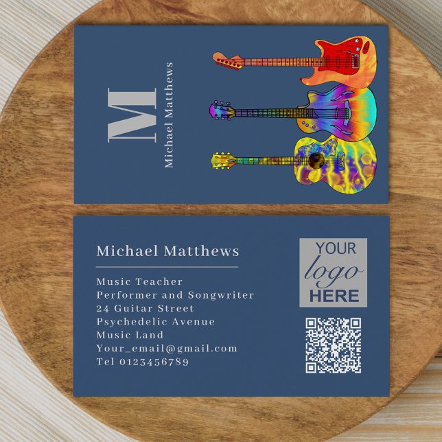 Guitar Music Tutor Musician Logo QR Code Business Card (Guitar music tutor professional musician logo QR code blue gray Business card)