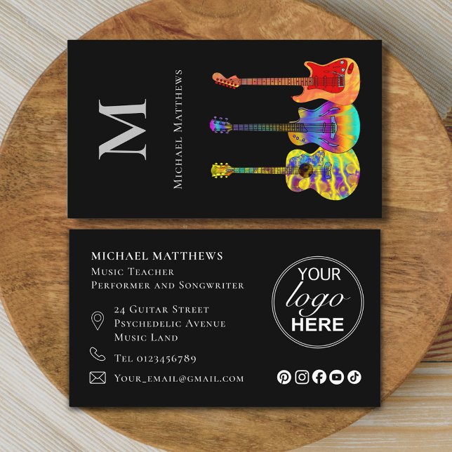 Guitar Music Tutor Musician Logo Social Media Business Card (Modern guitar music teacher professional musician logo social media Business card colorful guitars)