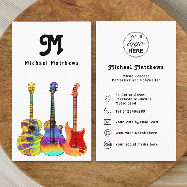 Guitar Music Tutor Musician Logo Social Media Icon Business Card (Retro Modern guitar music tutor professional musician logo Business card Colorful guitar art)