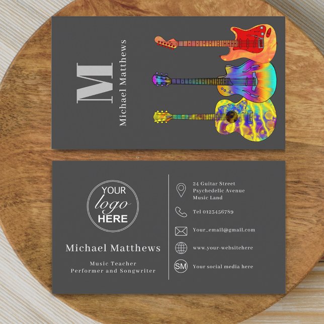 Guitar Music Tutor Musician Logo Social Media Icon Business Card (Guitar music teacher professional musician logo social media Business card)