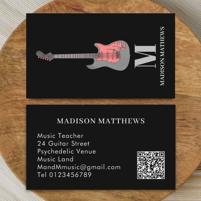 Guitar Music Tutor Musician QR Code Pink Black Business Card (Modern guitar music tutor professional musician Pink gray and black qr code Business card monogram)