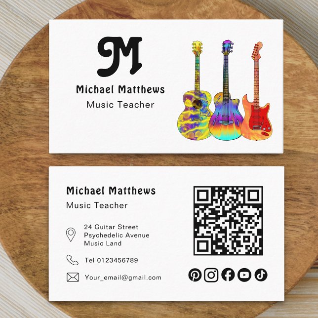 Guitar Music Tutor Musician Social Media QR Code Business Card (Modern guitar music tutor professional musician social media qr code Business card colorful guitars)