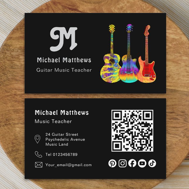 Guitar Music Tutor Musician Social Media QR Code Business Card (Modern retro guitar music tutor professional musician social media qr code Business card )