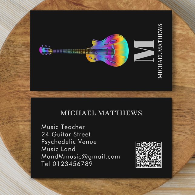 Guitar Music Tutor Professional Musician QR Code Business Card (Modern guitar teacher professional musician qr code Business card Colorful semi acoustic guitar art )