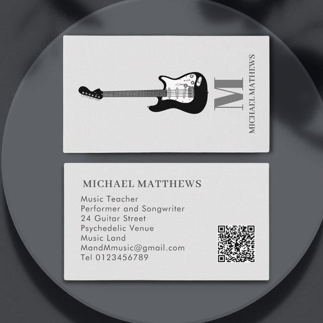 Guitar Music Tutor Professional Musician QR Code Business Card (Professional Music teacher performer songwriter black and white guitar gray qr code business card)