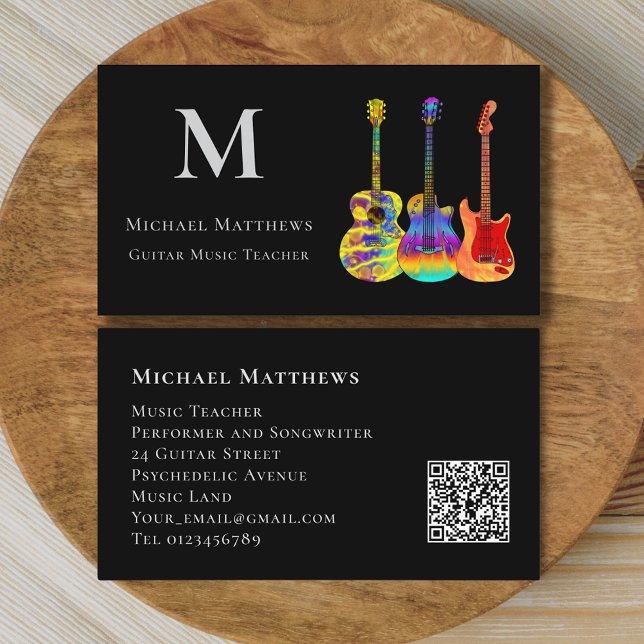 Guitar Music Tutor Professional Musician QR Code Business Card (Stylish guitar music teacher qr code custom business card)