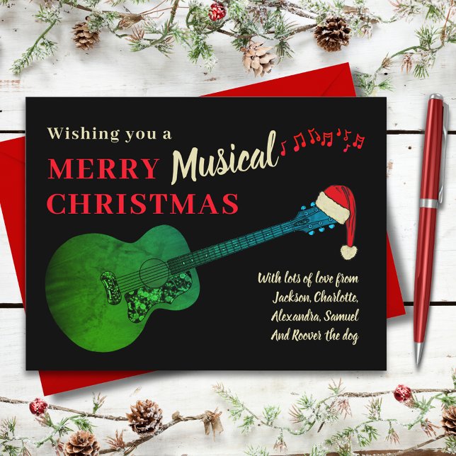 Guitar Musical Merry Christmas Personalized Holiday Postcard (Merry musical christmas guitar wearing Santa hat custom budget holiday greetings postcard)
