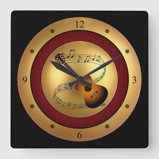 Guitar~Musical Scroll~Gold/Maroon/Black Background Square Wall Clock (Front)