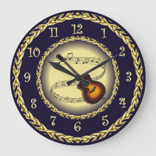 Guitar ~ Musical Scroll ~ Gold/Navy Blue ~ Large Clock