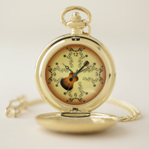 Guitar ~ Musical Scroll ~ Golden Background ~ Pocket Watch