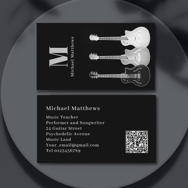 Guitar Musician Professional Custom QR Code Business Card (Guitar teacher and musician songwriter modern professional black and white monogram business card)