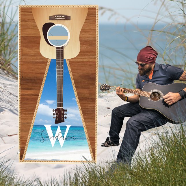 Guitar Nautical Rustic Brown Wood Tone Beach Cornhole Set (Creator Uploaded)