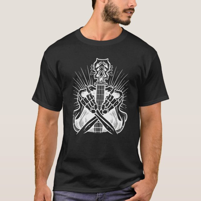 Guitar Neck, Rock and Roll Skeleton Hand, musician T-Shirt (Front)