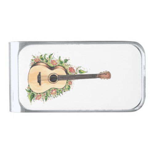 Guitar on a background of watercolor flowers hand  silver finish money clip