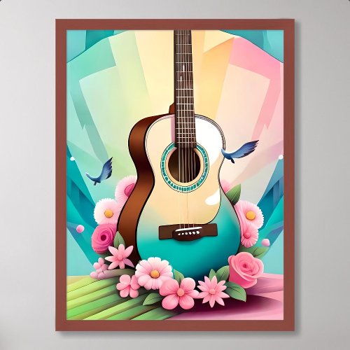 guitar painting acoustic colorful rose flower pink poster