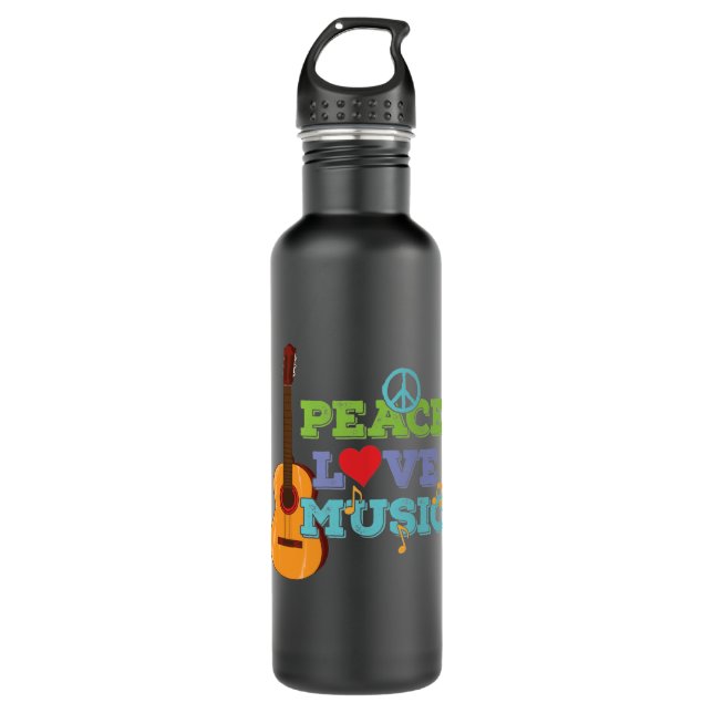 guitar "Peace, Love, Music" Stainless Steel Water Bottle (Front)