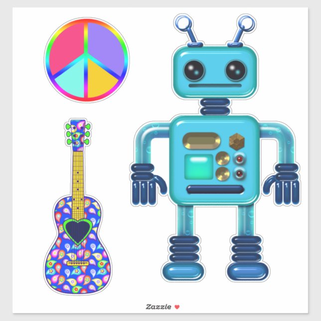 Guitar Peace Sign Aqua Robot Cute Sticker (Sheet)