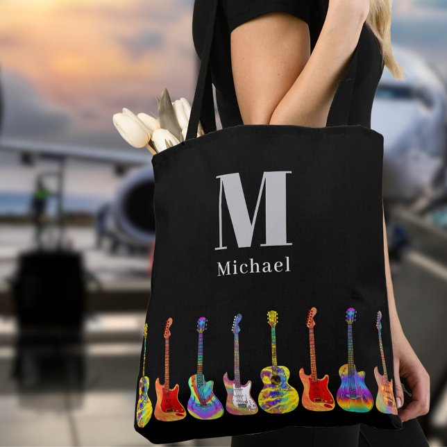 Guitar personalized tote bag (Funky guitar pattern on black personalized monogram musicians tote bag)