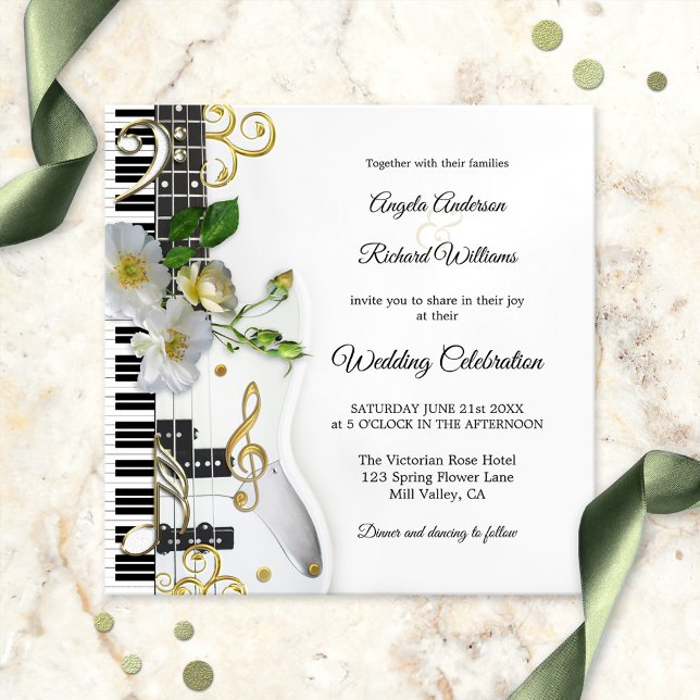 Guitar Piano Music Themed Wedding Invitation (Music themed wedding invitation showing fresh roses and golden musical notes on a guitar + keyboard)