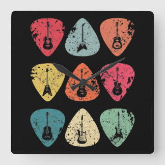 Guitar Pick Retro Vintage for Guitarists Bassist Square Wall Clock