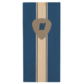 Guitar pick, stripe and monogram wood flash drive