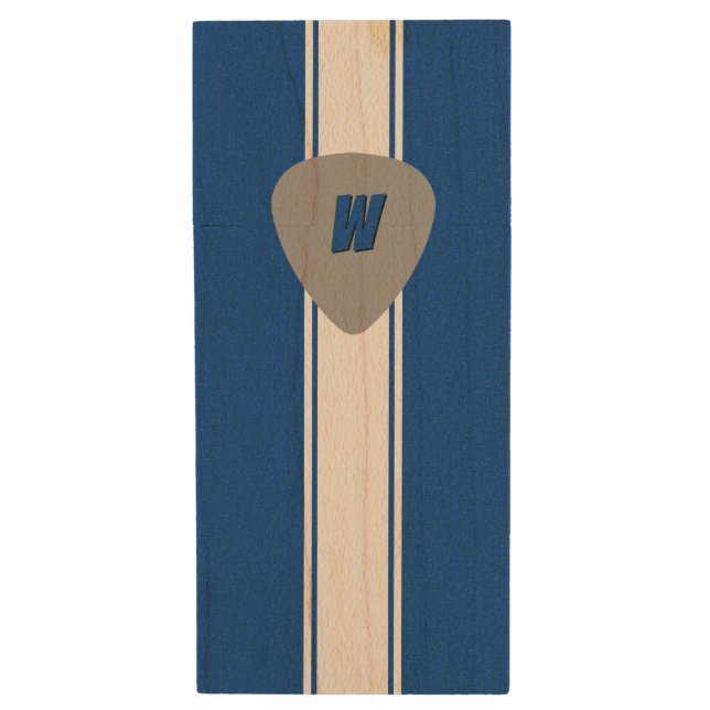 Guitar pick, stripe and monogram wood flash drive (Front Vertical)