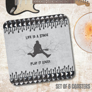 Guitar Play It Loud Gray Black Music Rockstar Square Paper Coaster