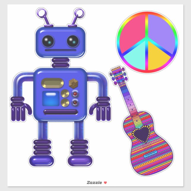 Guitar Player Blue Robot and Peace Sign Sticker (Sheet)