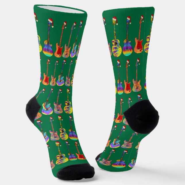 Guitar Player Dad Green Christmas Socks (Angled)