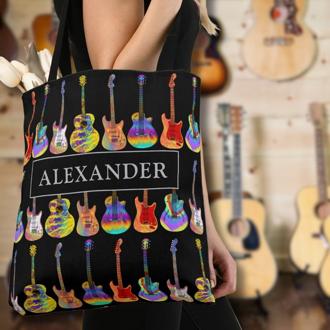 Guitar Player Name Guitarist Music  Tote Bag (Colorful guitar personalized name tote bag for guitarists musicians music teachers psychedelic )