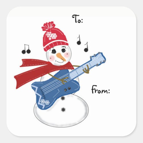 Guitar Player Snowman Square Sticker