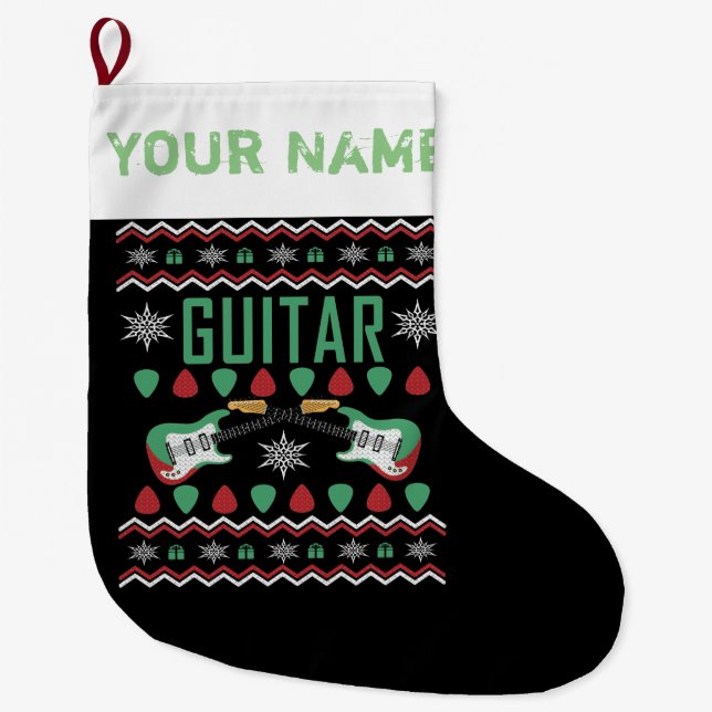 Guitar Player Ugly Christmas Sweater Style Large Christmas Stocking (Front)