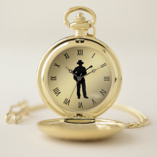 Guitar Player w Roman Numerals Gold Pocket Watch