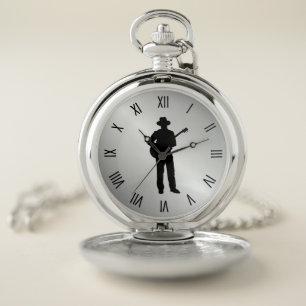 Guitar Player w Roman Numerals Pocket Watch