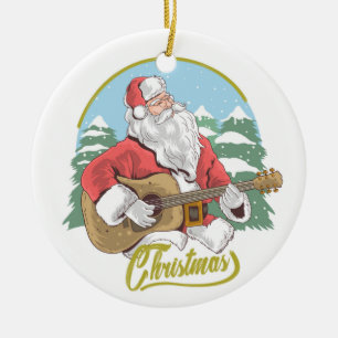 Guitar Playing Santa Claus Christmas Ceramic Ornament