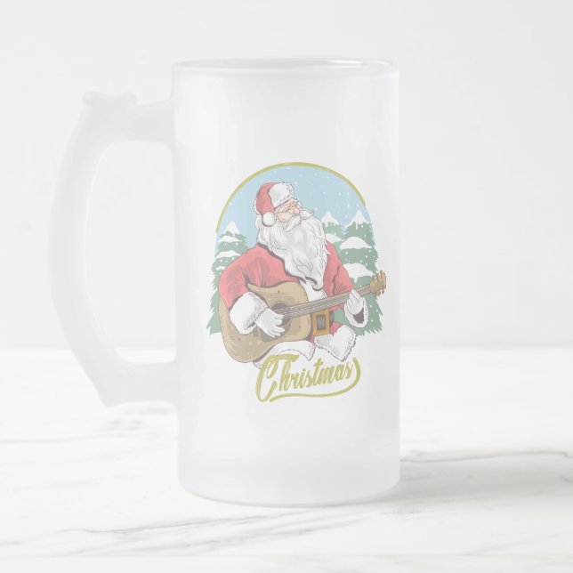 Guitar Playing Santa Claus | Christmas Frosted Glass Beer Mug (Left)