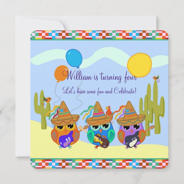 Guitar playing Sombrero Owls custom invitation (Front)