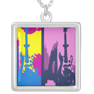 Guitar Pop Art Silver Plated Necklace