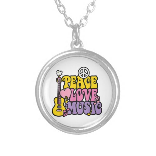 Guitar Retro PEACE LOVE MUSIC Band Gift Guitarist  Silver Plated Necklace