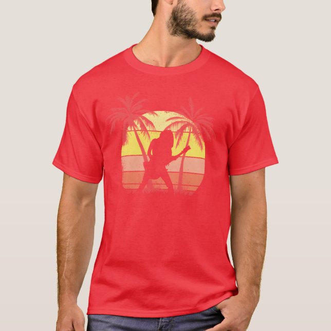Guitar Rock Girl Summer Sunset 80s Palm retro T-Shirt (Front)