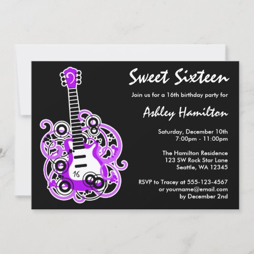 Guitar Rock Star Sweet 16 Birthday Party Purple Invitation