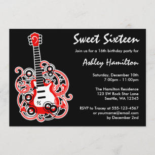 Guitar Rock Star Sweet 16 Birthday Party Red Invitation