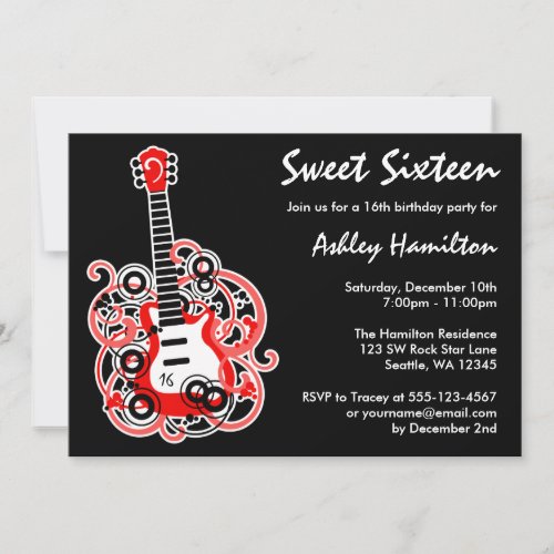 Guitar Rock Star Sweet 16 Birthday Party Red Invitation