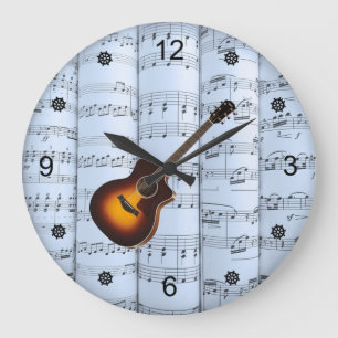 Guitar ~ Rolled Sheet Music ~ Blue Tint Background Large Clock